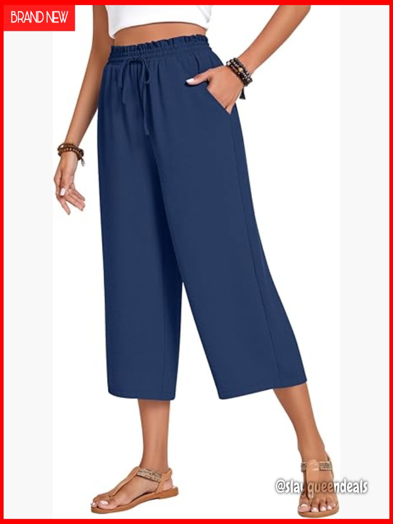 High Waisted Wide Leg Capri Pants With Pockets Drawstring Lounge Palazzo